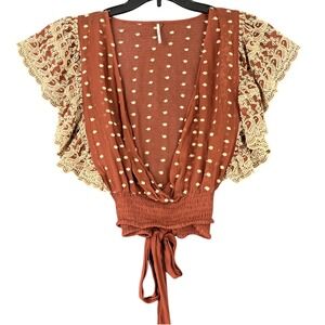 Free People Smocked Waist Lace Flutter Sleeve Festival Blouse Womens M